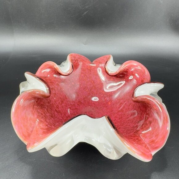 Venetian Murano Glass Folded Edges Ashtray Dish Bowl White Magenta Center Italy - Picture 13 of 16